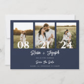 Marine Blauw Modern Drie Foto's Collage Chique Bru Save The Date (Voorkant)