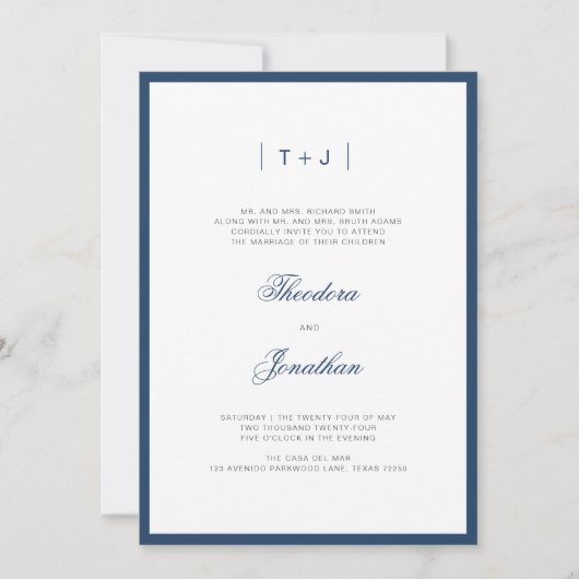 Marine Blauw Modern Monogram Border Wedding Kaart (Voorkant)