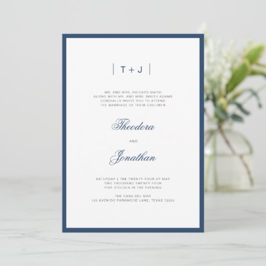 Marine Blauw Modern Monogram Border Wedding Kaart (Staand voorkant)