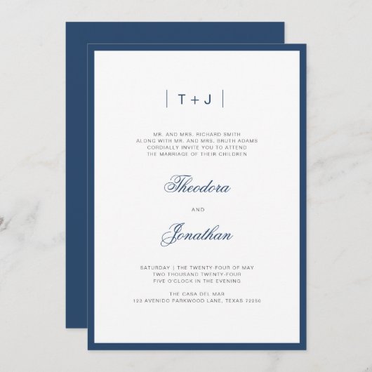 Marine Blauw Modern Monogram Border Wedding Kaart (Voorkant / Achterkant)