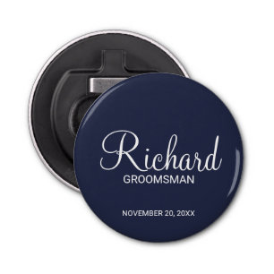 Marine Blauw Modern Script Gepersonaliseerde Groom Button Flesopener