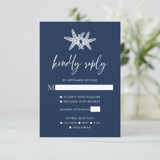 Marine Blauw Modern Strand Zeester Bruiloft RSVP Kaartje (Staand voorkant)