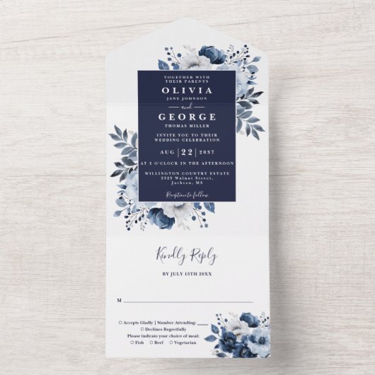 Marine Blauw Moderne Botanische Bloemen Huwelijk All In One Uitnodiging (Binnen)