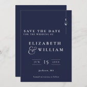 Marine Blauw Moderne Elegante Monogram Trouwen Save The Date (Voorkant / Achterkant)