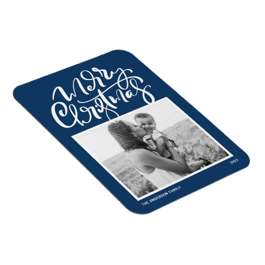 Marine Blauw Moderne Kalligrafie Foto Kerstmis Magneet (Rechterzijde)