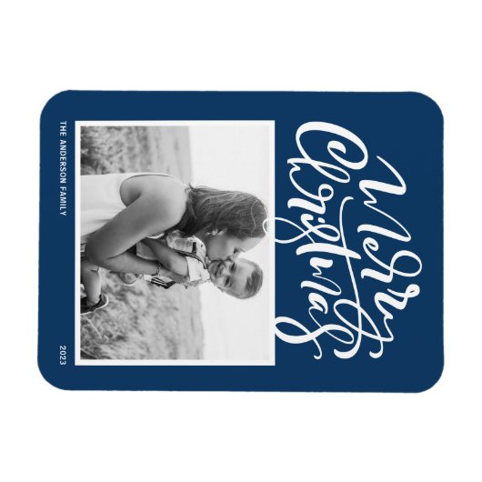 Marine Blauw Moderne Kalligrafie Foto Kerstmis Magneet (Horizontaal)