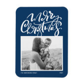 Marine Blauw Moderne Kalligrafie Foto Kerstmis Magneet (Verticaal)