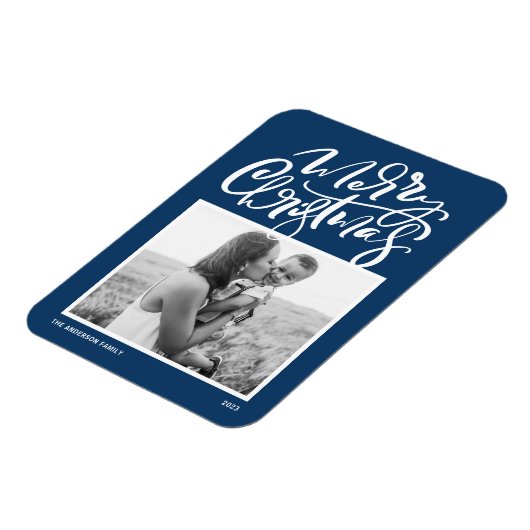 Marine Blauw Moderne Kalligrafie Foto Kerstmis Magneet (Linkerzijde)