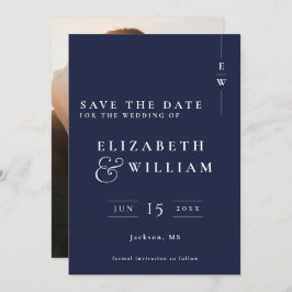 Marine Blauw Moderne Monogram Fotobruiloft Save The Date