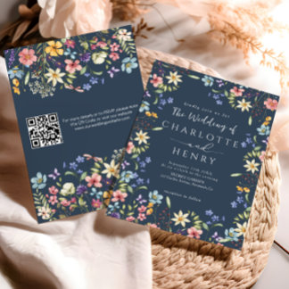 Marine Blauw Moderne QR Code Wildflower Wedding Kaart