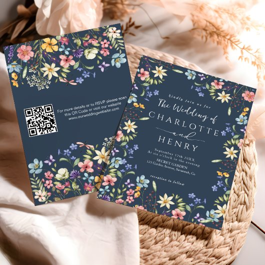 Marine Blauw Moderne QR Code Wildflower Wedding Kaart