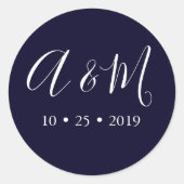 Marine Blauw Monogram Elegant Bruiloft Ronde Sticker (Voorkant)