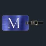 Marine Blauw Monogram Geborsteld Metaal Girly Scri Bagagelabel<br><div class="desc">Marineblauw Monogram Geborsteld Metaal Girly Script Naam Schattige Bag Label</div>