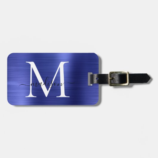 Marine Blauw Monogram Geborsteld Metaal Girly Scri Bagagelabel (Voorkant horizontaal)