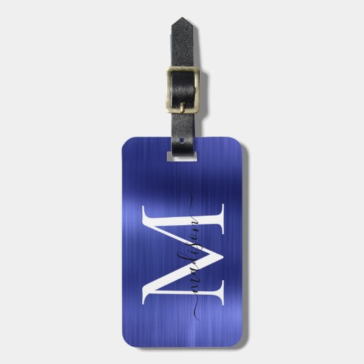 Marine Blauw Monogram Geborsteld Metaal Girly Scri Bagagelabel (Voorkant verticaal)