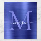 Marine Blauw Monogram Girly Script Metallic Steel Wijn Etiket (Enkel label)