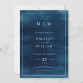 Marine Blauw Monogram & Grens Elegante Bruiloft Kaart (Voorkant)
