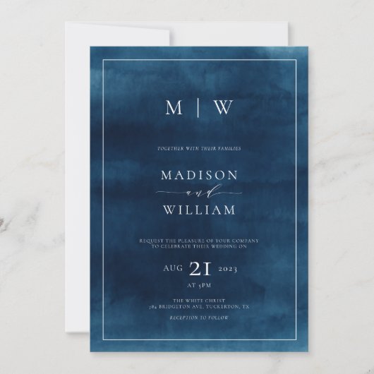 Marine Blauw Monogram & Grens Elegante Bruiloft Kaart (Voorkant)