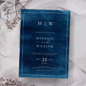 Marine Blauw Monogram & Grens Elegante Bruiloft Kaart