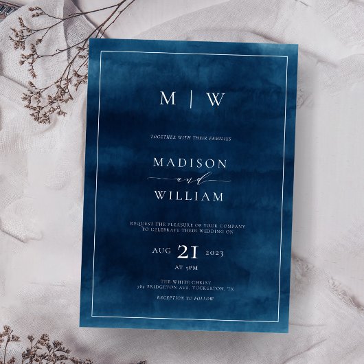 Marine Blauw Monogram & Grens Elegante Bruiloft Kaart