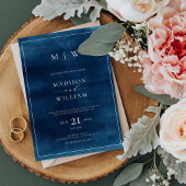 Marine Blauw Monogram & Grens Elegante Bruiloft Kaart