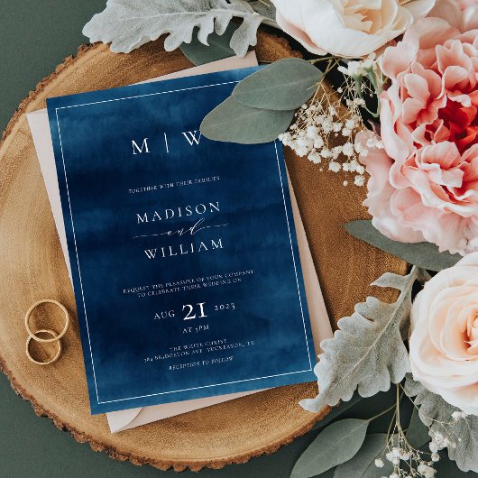 Marine Blauw Monogram & Grens Elegante Bruiloft Kaart