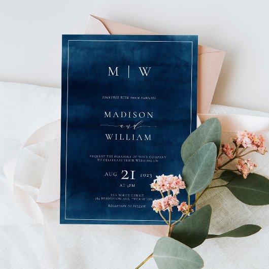 Marine Blauw Monogram & Grens Elegante Bruiloft Kaart