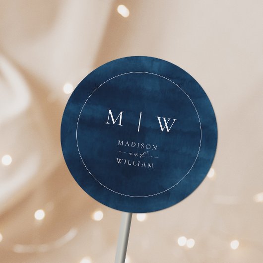 Marine Blauw Monogram & Grens Elegante Bruiloft Ronde Sticker