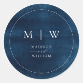 Marine Blauw Monogram & Grens Elegante Bruiloft Ronde Sticker (Voorkant)