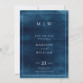 Marine Blauw Monogram & Grens Elegante Foto Save The Date (Voorkant)