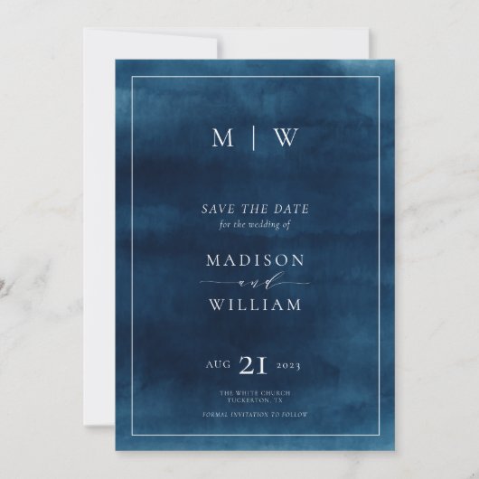 Marine Blauw Monogram & Grens Elegante Foto Save The Date (Voorkant)