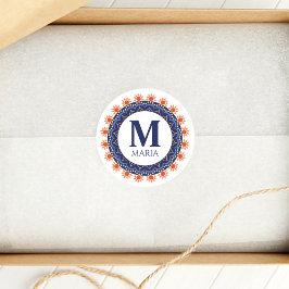 Marine Blauw Monogram Naam Mandala Custom Ronde Sticker