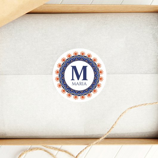 Marine Blauw Monogram Naam Mandala Custom Ronde Sticker