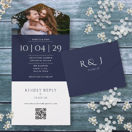 Marine Blauw Monogram QR Code Foto Bruiloft Datum All In One Uitnodiging