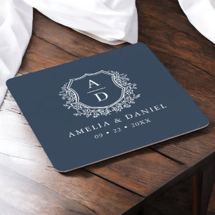 Marine Blauw Monogram Trouwbloem Crest Elegant Kartonnen Onderzetters