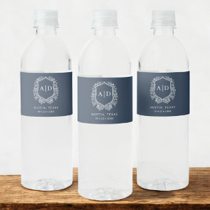 Marine Blauw Monogram Trouwbloem Crest Waterfles Etiket