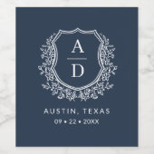 Marine Blauw Monogram Trouwbloem Crest Wijn Etiket (Enkel label)