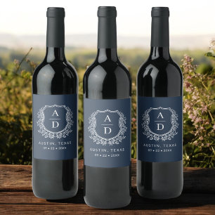 Marine Blauw Monogram Trouwbloem Crest Wijn Etiket