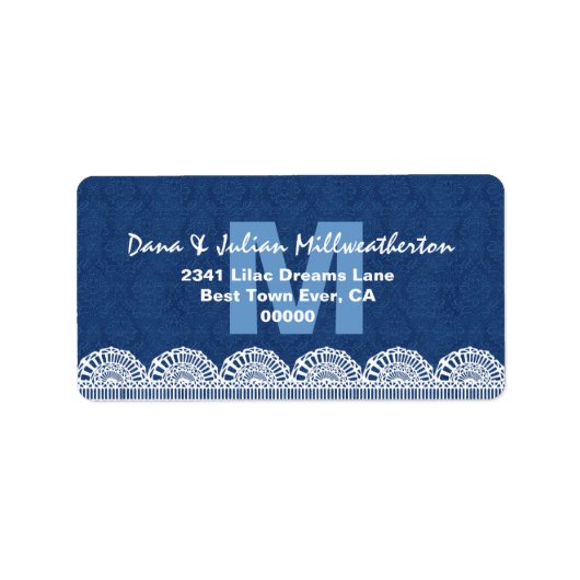 Marine Blauw Monogram Wit Kant Bruiloft M482M Etiket (Voorkant)