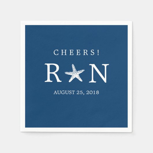 Marine Blauw Monogram Zeester | Bruiloft Servetten (Voorkant)