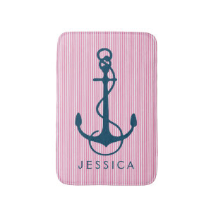 Marine Blauw Nautical Boat Anchor & Roze Strepen Badmat