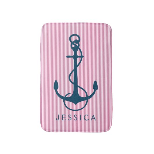 Marine Blauw Nautical Boat Anchor & Roze Strepen Badmat (Voorkant Verticaal)