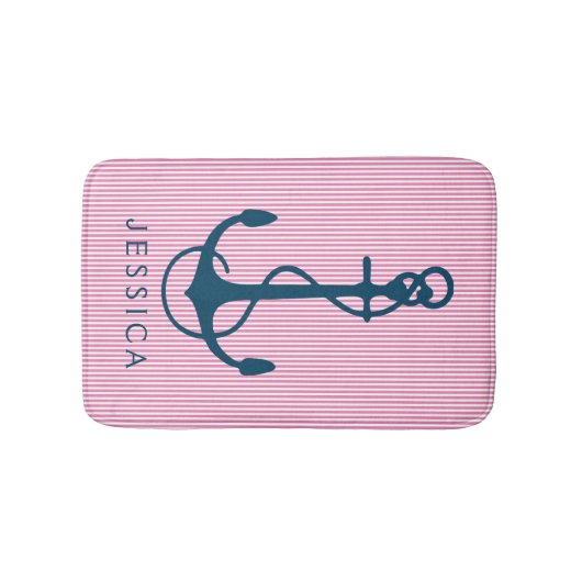 Marine Blauw Nautical Boat Anchor & Roze Strepen Badmat (Voorkant)