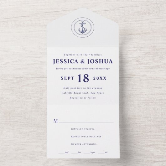 Marine Blauw Nautisch Anker Bruiloft All In One Uitnodiging (Binnen)