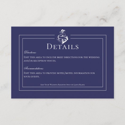 Marine Blauw Nautisch Anker Bruiloft Details Informatiekaartje (Voorkant)