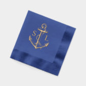 Marine Blauw Nautisch Anker Huwelijk Monogram Goud Folie Servetten (Links)
