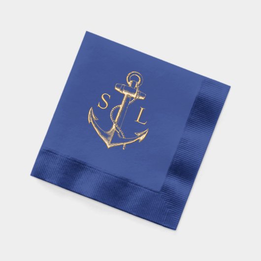 Marine Blauw Nautisch Anker Huwelijk Monogram Goud Folie Servetten (Links)