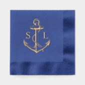 Marine Blauw Nautisch Anker Huwelijk Monogram Goud Folie Servetten (Voorkant)