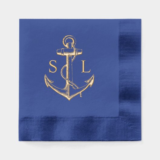 Marine Blauw Nautisch Anker Huwelijk Monogram Goud Folie Servetten (Voorkant)