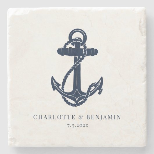 Marine Blauw Nautisch Anker Kustbruiloft Stenen Onderzetter (Voorkant)